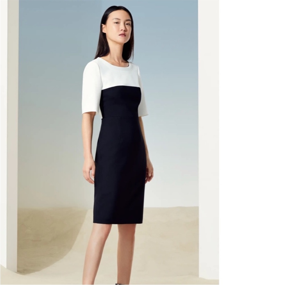 HUGO BOSS Daina White & Black Colorblock Sheath Elbow Sleeves Midi Dress Size 10